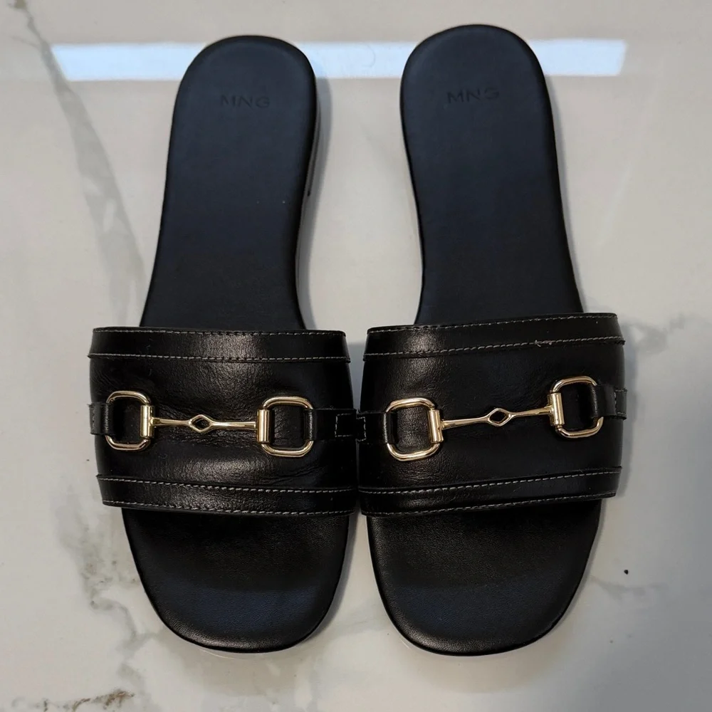 Mango Black Slide Sandals with Gold Horsebit Trim - Picture 5 of 8